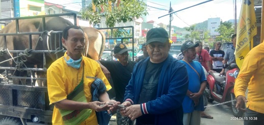 Ketua Harian DPD Golkar Kota Jayapura Ahmad Sudjana saat menyerahkan sapi kurban kepada pengurus masjid di kota Jayapura